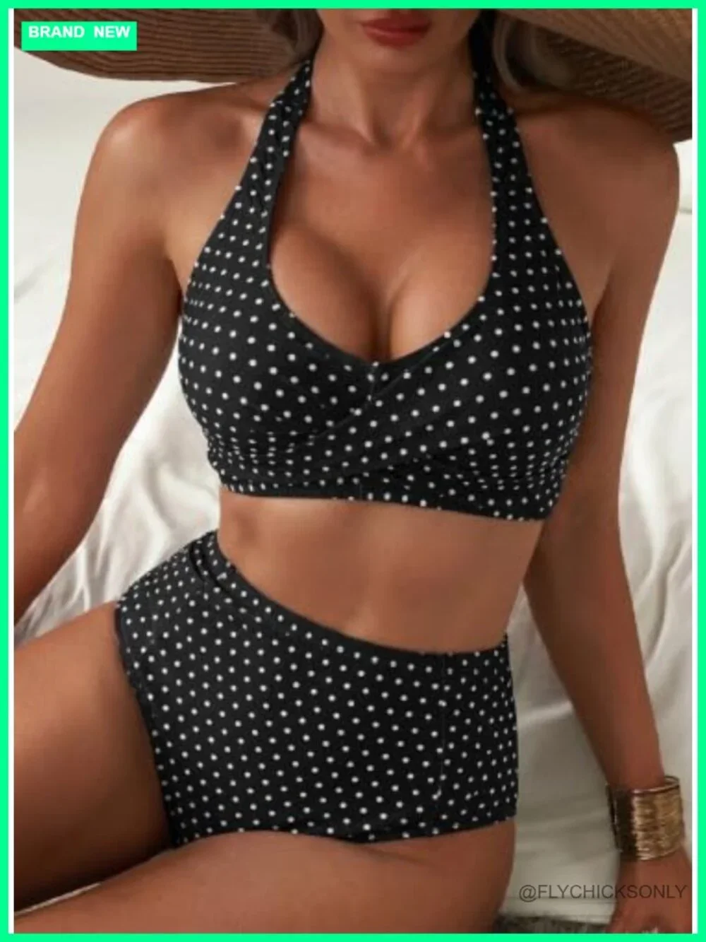 Women's High Waisted 2 Piece Halter Patch Pocket Stripe Bikini Set